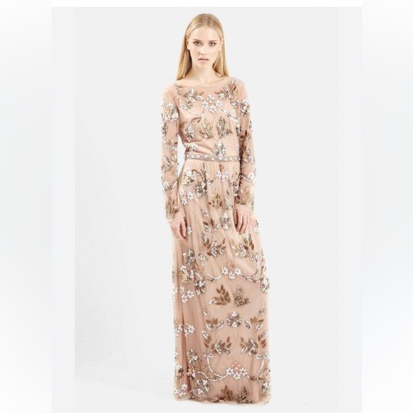 Topshop Dresses & Skirts - TOPSHOP Embellished Illusion Beige Tan Gown